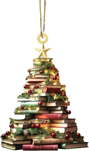 2D Flat Wooden Christmas Books Ornament 2024 Christmas Tree Decorations Xmas Tree Shape Bookshelf Pendant Hanging Christmas Acrylic Decorations for Christmas Tree Stacked Books Ornaments Xmas Gifts