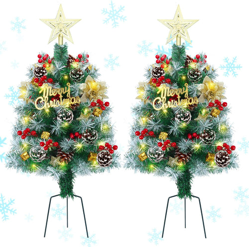 80cm Pathway Outdoor Christmas Tree Small Pre-Lit Artificial Christmas Pine Trees for Porch,Entrance Xmas Trees Battery Operated Lights for Front Door, Grave, Driveway(2pcs)