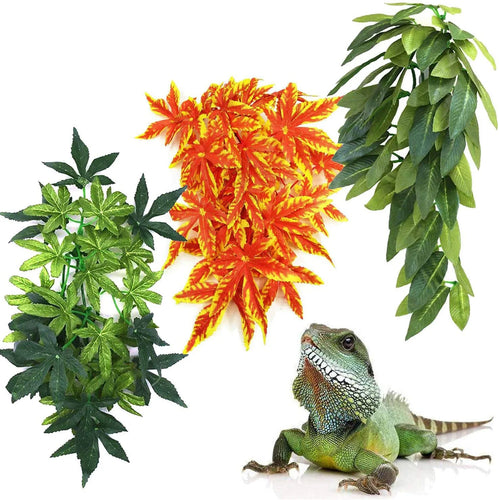 3Pack Reptile Hanging Silk Terrarium Plants with Suction Cup for Lizards,Bearded Dragons,Geckos,Snake Decorations 12 inches